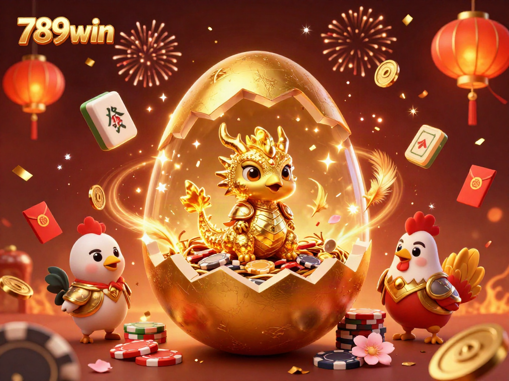 Engage with 789win's vibrant casino scene featuring a golden dragon, poker chips, and festive elements.