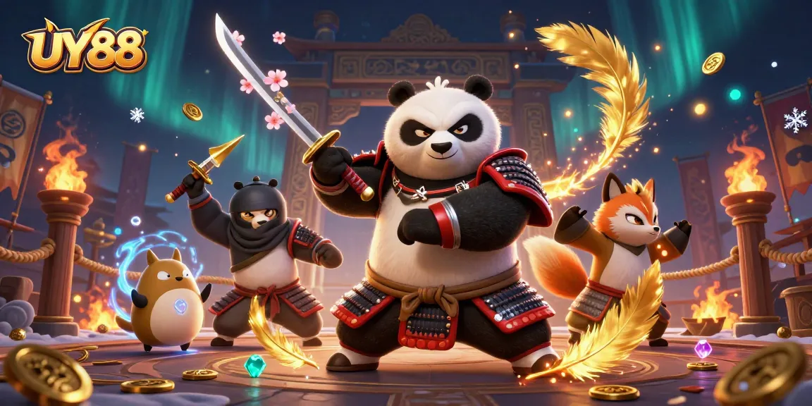 Experience exciting gameplay at UY88 with a vibrant casino-themed 3D illustration featuring dynamic characters and magical elements.