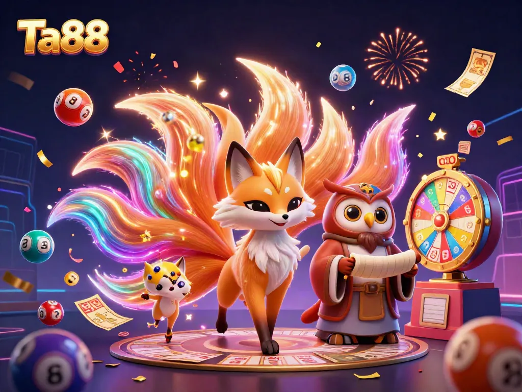 Engage with Ta88's vibrant online casino experience, featuring a glowing fox and owl in a dynamic celebration.