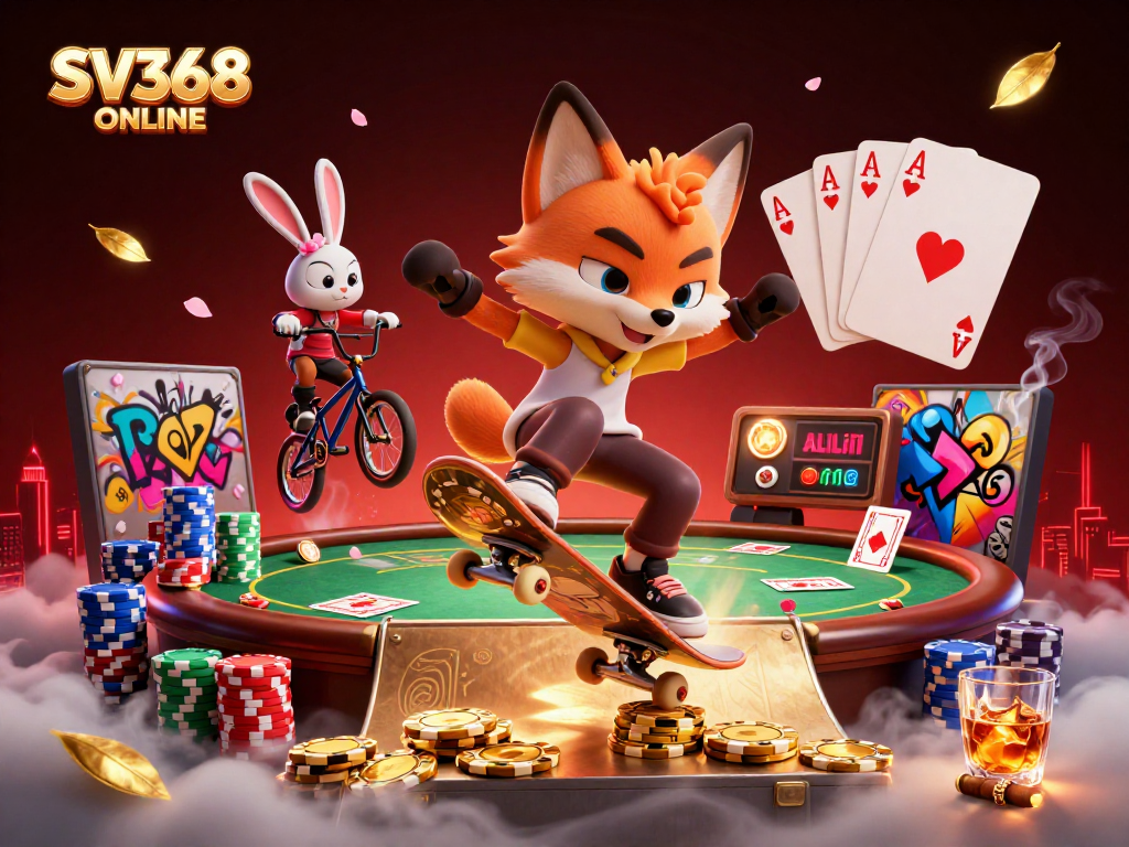 Engage in thrilling action with SV368 ONLINE while a skateboarder fox flips over poker chips, embodying the casino excitement.