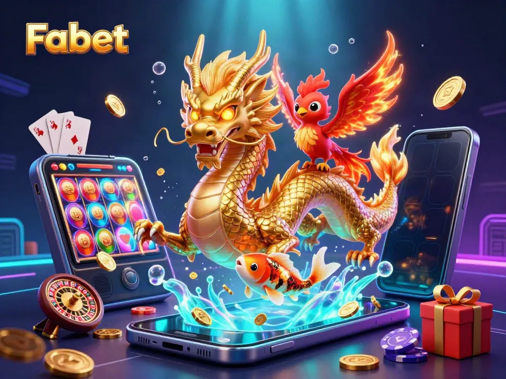 Experience thrilling Fabet gaming vibes with a golden dragon and phoenix amidst dazzling casino elements.