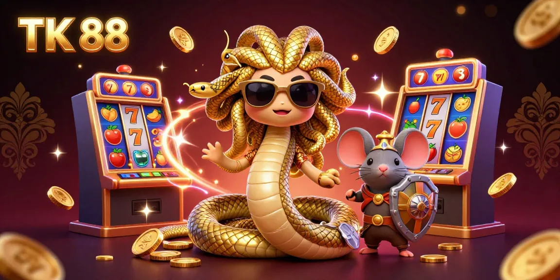 Engage with TK 88's stunning casino slots featuring Medusa and a warrior mouse in a vibrant illustrated scene.