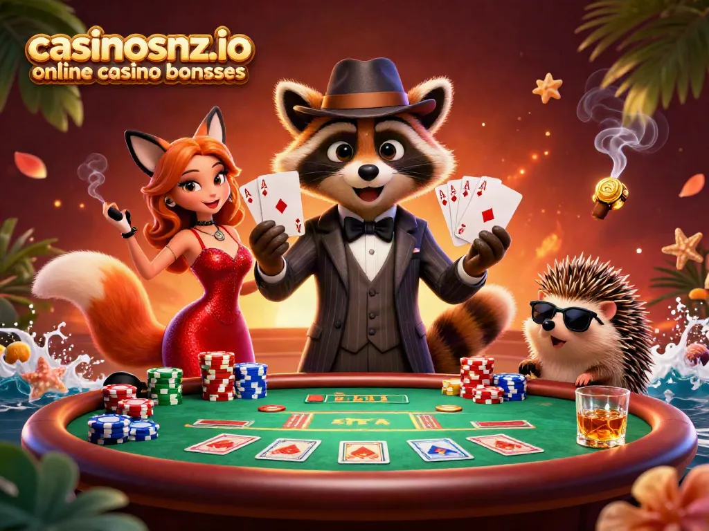 Experience the excitement of casinosnz.io online casino bonuses with a vibrant 3D illustration of a raccoon and friends at a poker table.