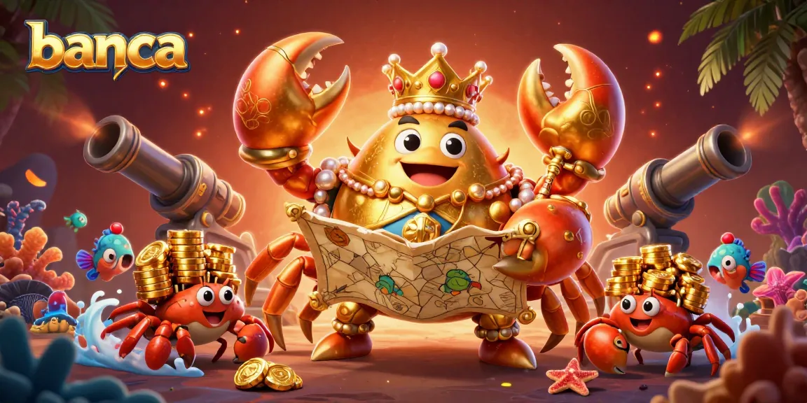 Banca showcases a dynamic fish shooting scene with a golden crab emperor, treasure map, and sea creatures.