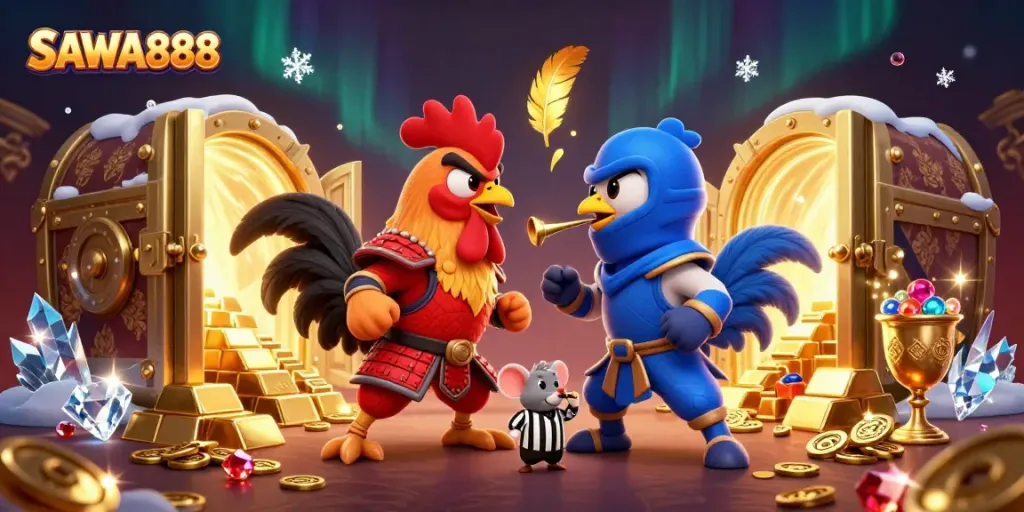 Engage in thrilling battles with SAWA888's animated roosters in a rich casino scene.