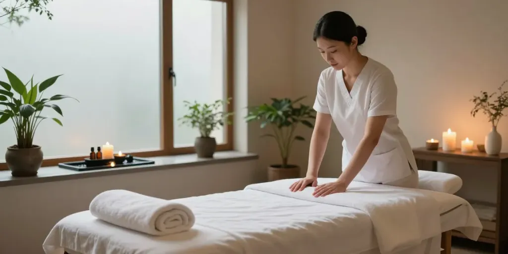 Relaxing 부평출장안마 spa scene with massage therapist preparing for a session.