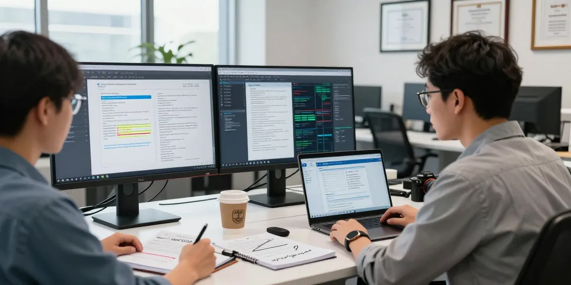 Data analyst performing document fraud detection analysis on dual monitors in a bright office.