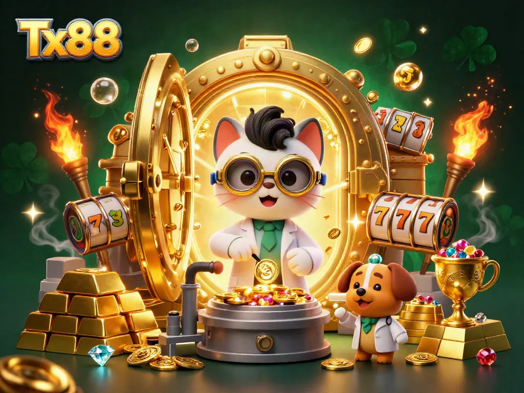 Experience the thrilling world of Tx88 as a mad scientist cat and his assistant create gold riches in a vibrant casino atmosphere.