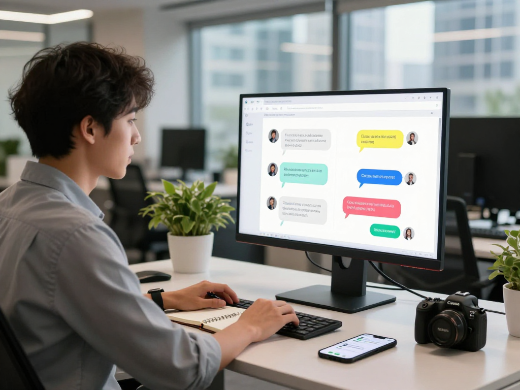 Seated professional engaging with spicychat AI interface at modern workspace.