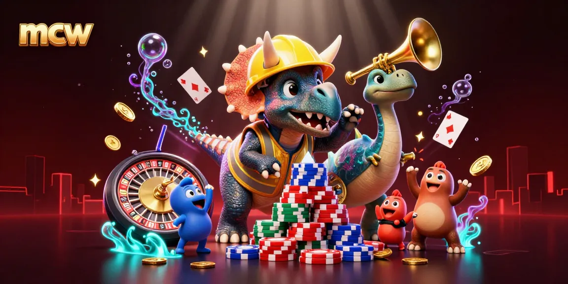 Win big with mcw in this vibrant casino game scene featuring a 3D triceratops and friends.