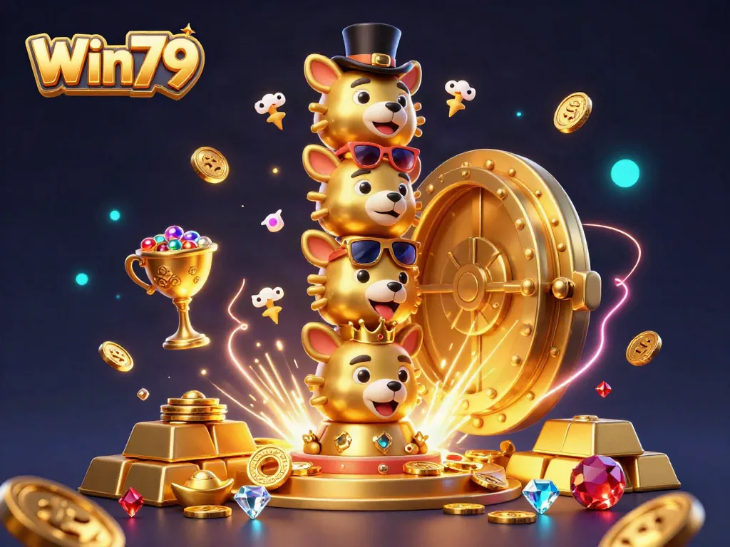 Engage in thrilling gaming adventures with Win79's vibrant 3D totem and golden treasures.