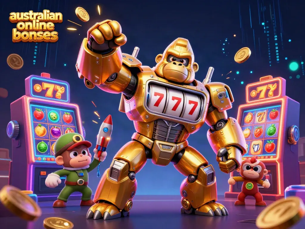 Engage with australian online casino bonuses through a vibrant 3D illustration of a golden gorilla mech and slot elements.