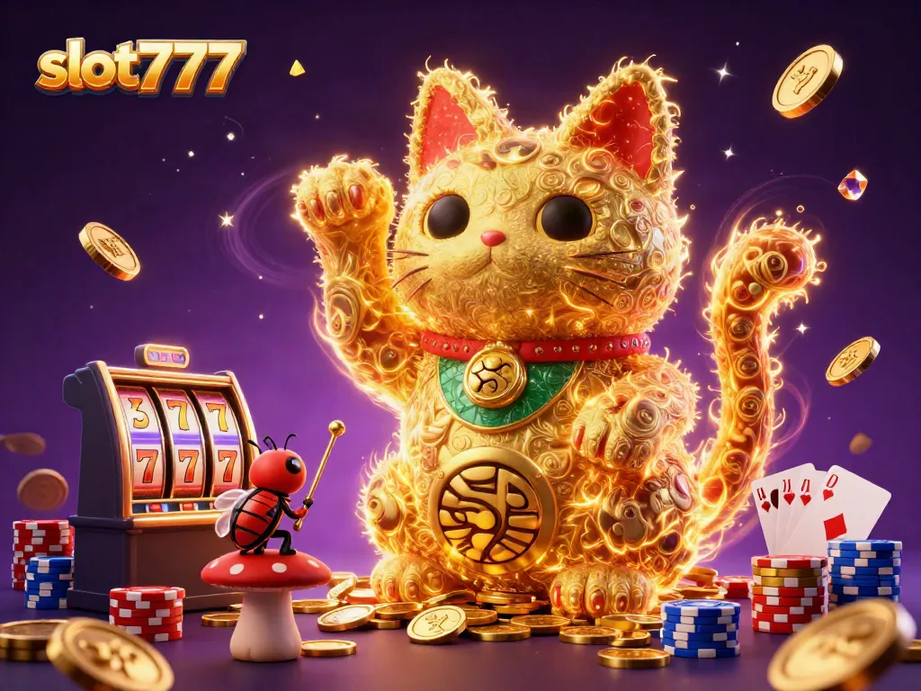 Play exciting slot777 games in a vibrant 3D casino illustration featuring lucky symbols and joyful energy.
