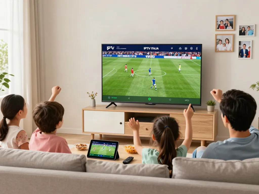 Family enjoying IPTV Italia in a cozy living room, watching sports together.