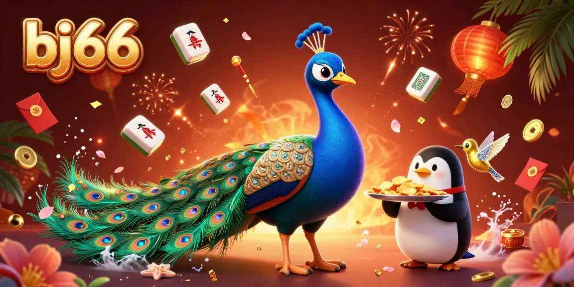 Bettors enjoy the vibrant action at bj66, featuring a peacock and penguin with golden casino chips.