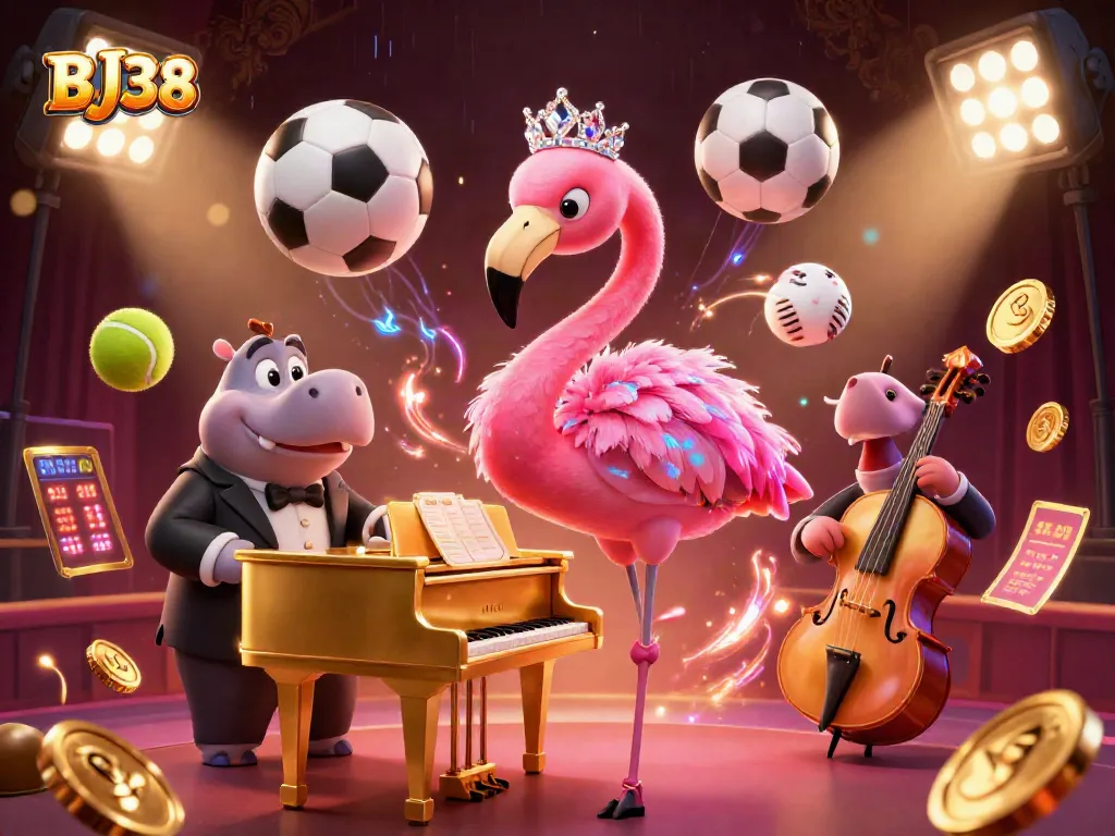 BJ38 players enjoying an exciting casino experience with vibrant characters, dynamic sports elements, and luxury ambiance.